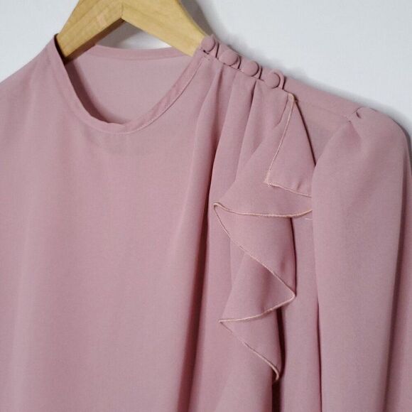Vintage 80s Polyester Ruffle Wrap Blouse Sz 14 Mauve Pink Secretary Long Sleeve - Picture 2 of 4